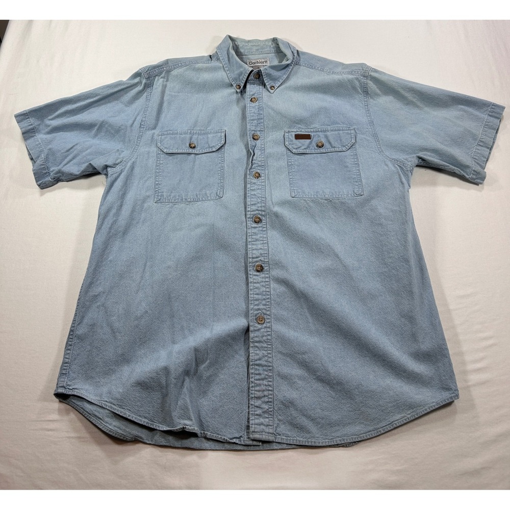 Carhartt Mens Large Light Wash Blue Denim Short Sleeve Button Down Work Shirt L